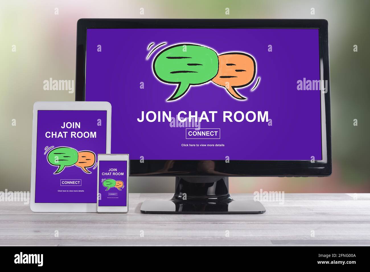 Chat room concept shown on different information technology devices Stock Photo
