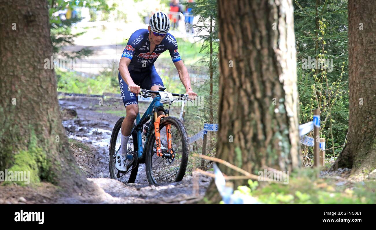 Mathieu van der Poel (Netherlands) competes in the Cross-country Mountain  Bike World Cup event, men elite, in Nove Mesto na Morave, Czech Republic,  on May 16, 2021. (CTK Photo/Libor Plihal Stock Photo -