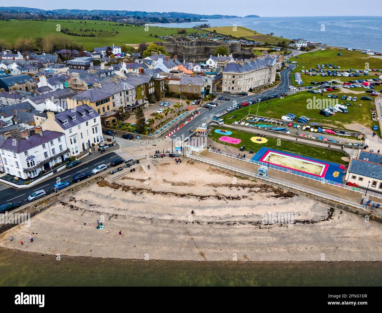 Aerial photo of Beaumaris beach, along with seafront hotels and