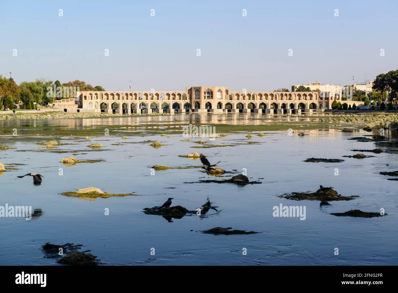 Crows flying from small earthen islands in the shallow water of the Zayanderud river. Khaju bridge in the background. Isfahan, Iran Stock Photo