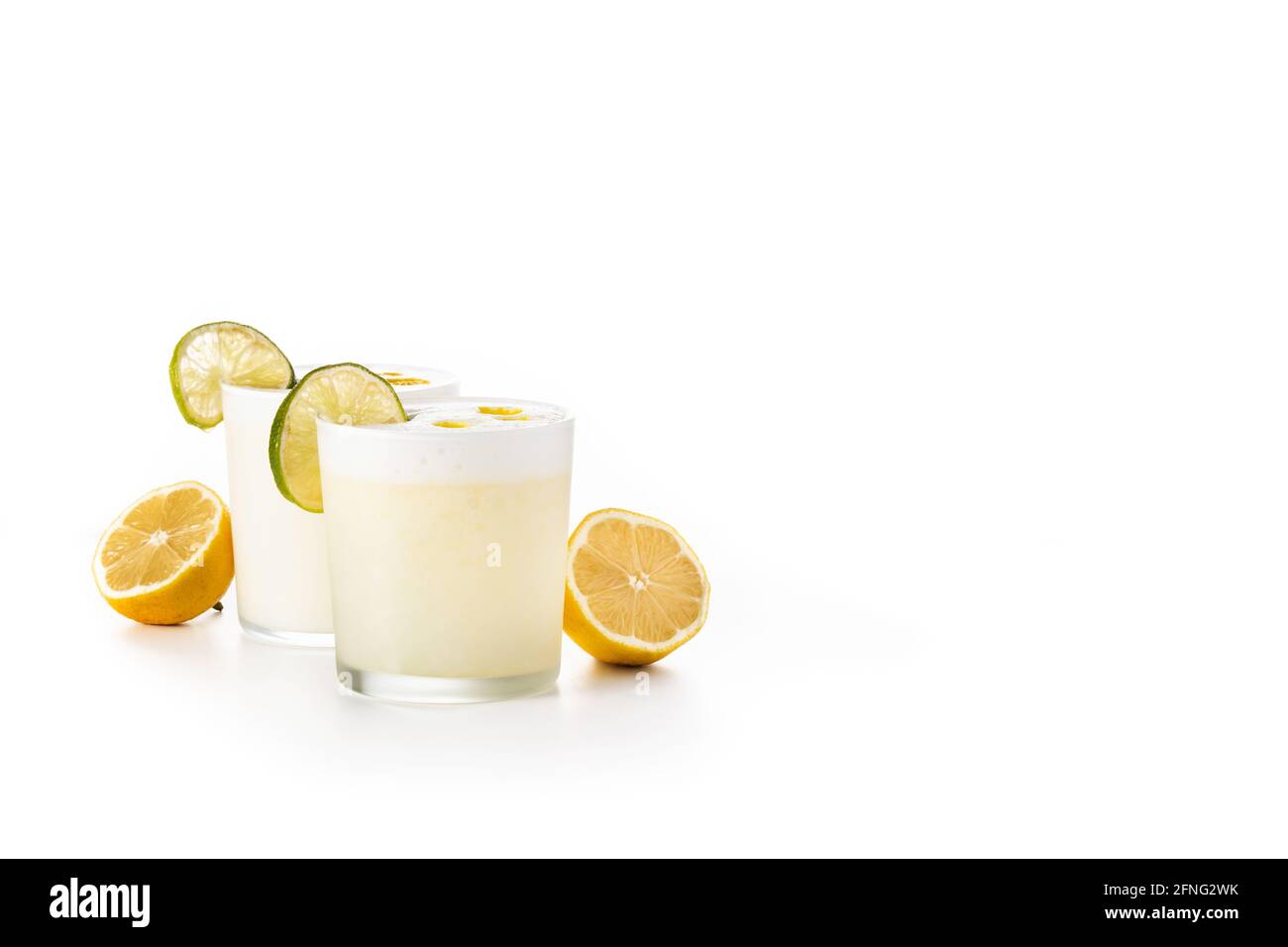 Pisco sour cocktail isolated on whie background. Traditional peruvian cocktail Stock Photo