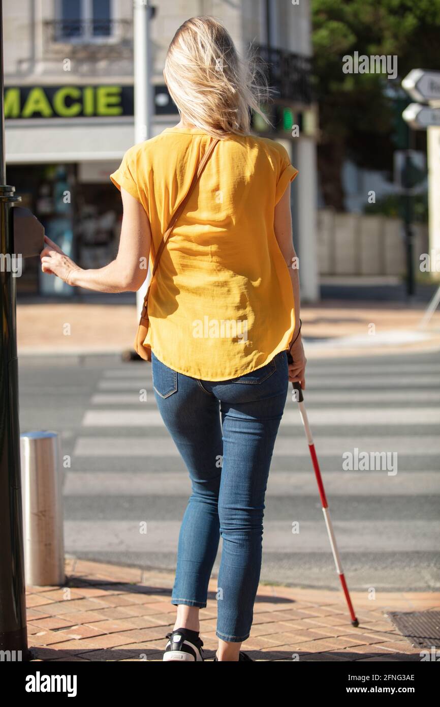 young blind woman with guide dog crossing road Stock Photo - Alamy