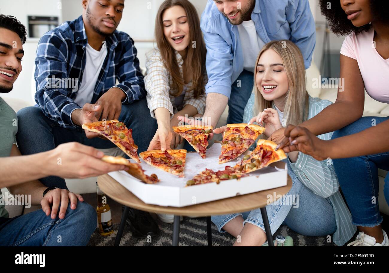 Friends Have Pizza Party at Home, Fun Leisure Stock Image - Image of slice,  friendship: 91951315