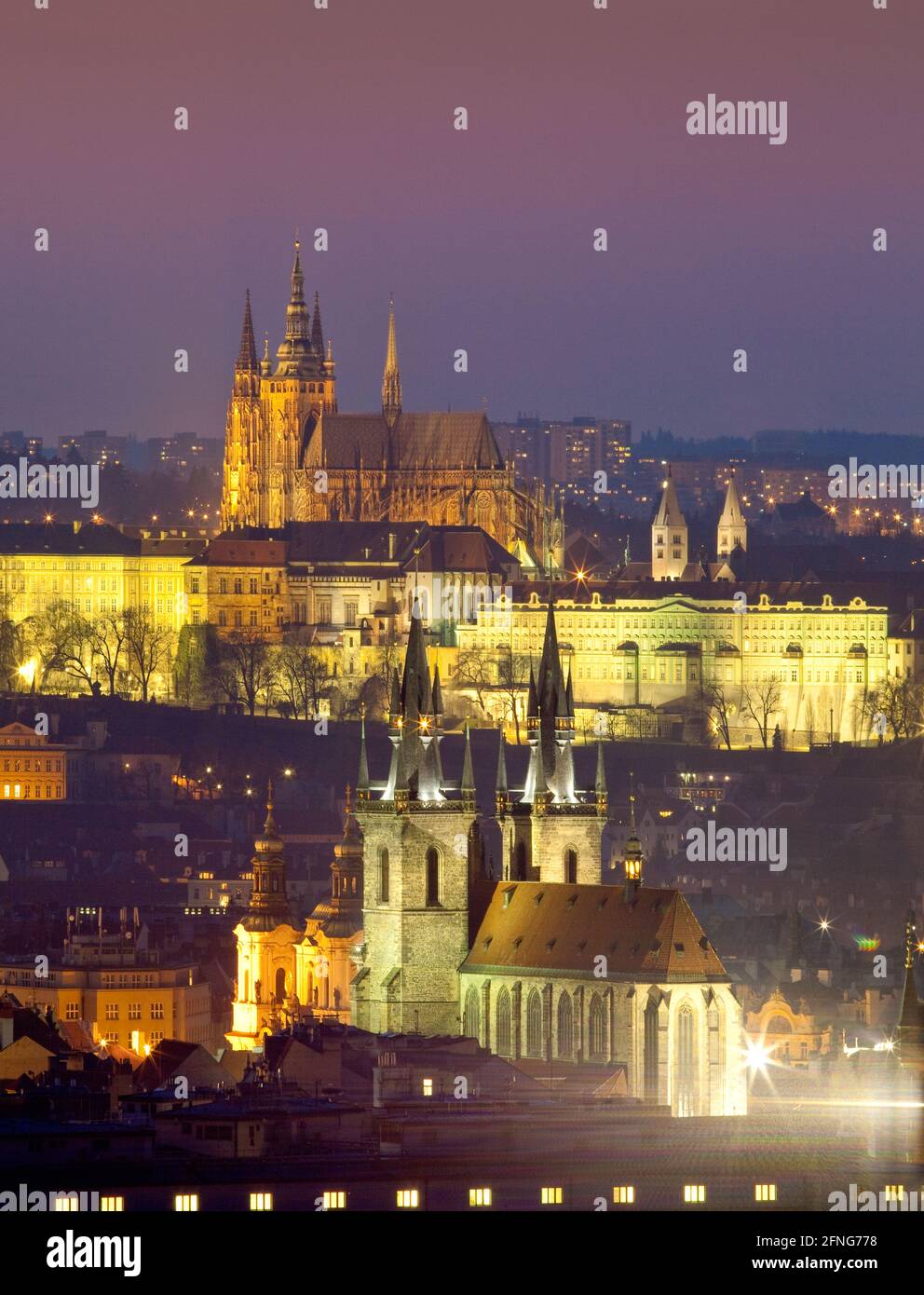 Prague, Czechia. Hradcany castle and spires of the Old town at dusk. Stock Photo
