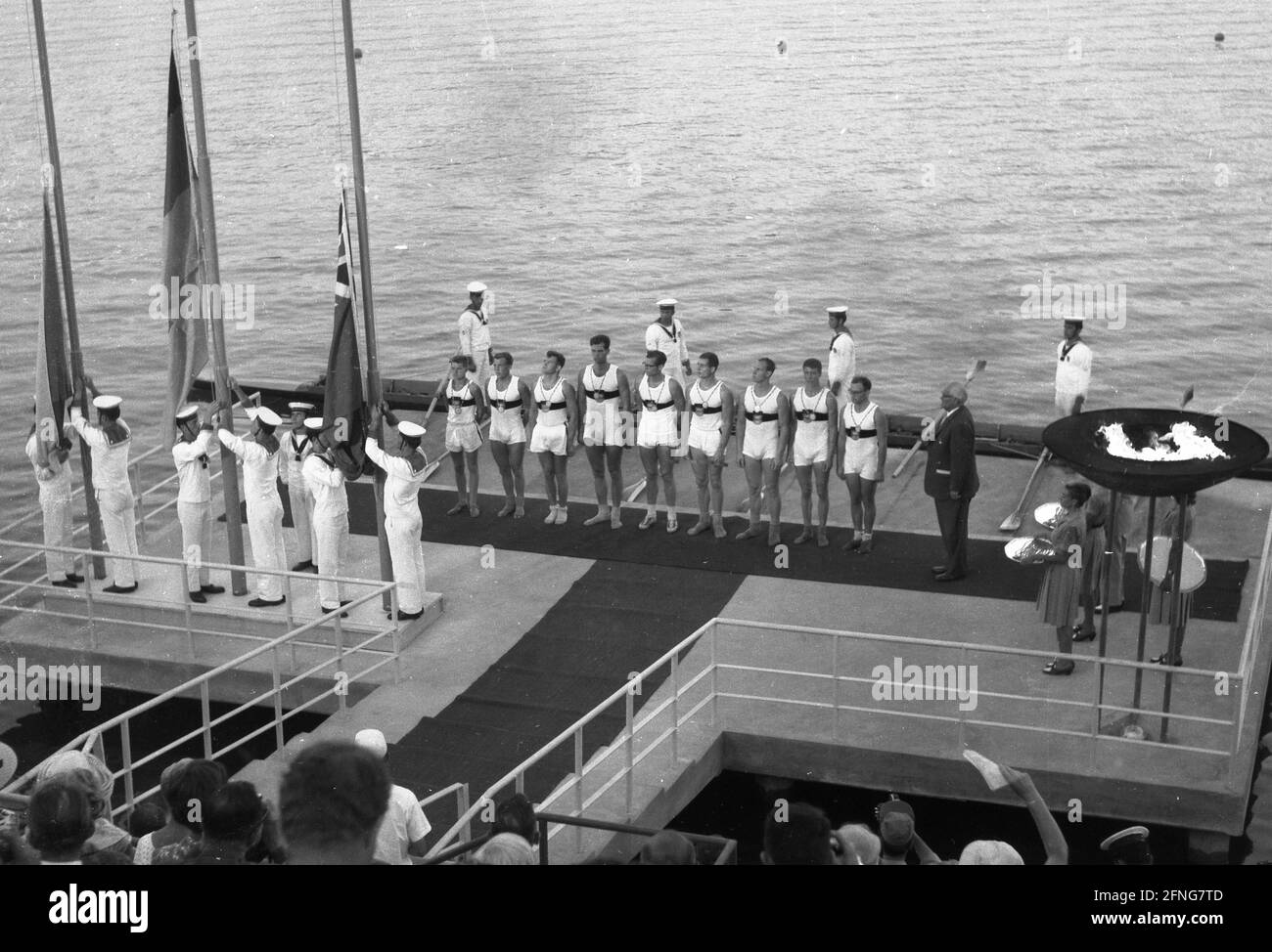 1960 Summer Olympics in Rome. Rowing: The German eight at the award ceremony with medals. 03.09.1960. [automated translation] Stock Photo