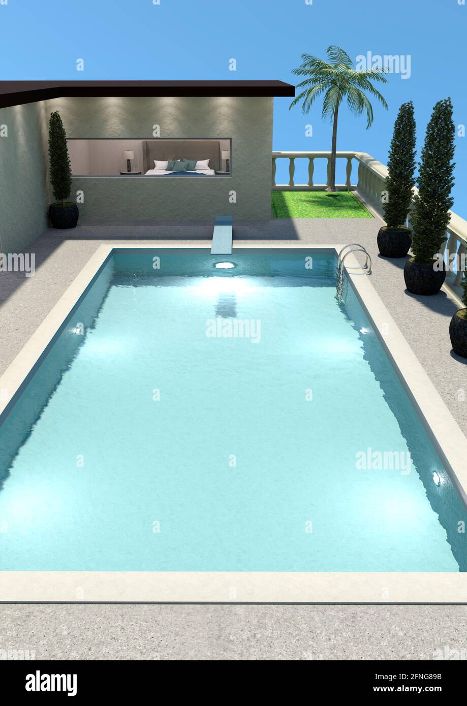 3D rendering of a luxury house and a pool outside Stock Photo - Alamy