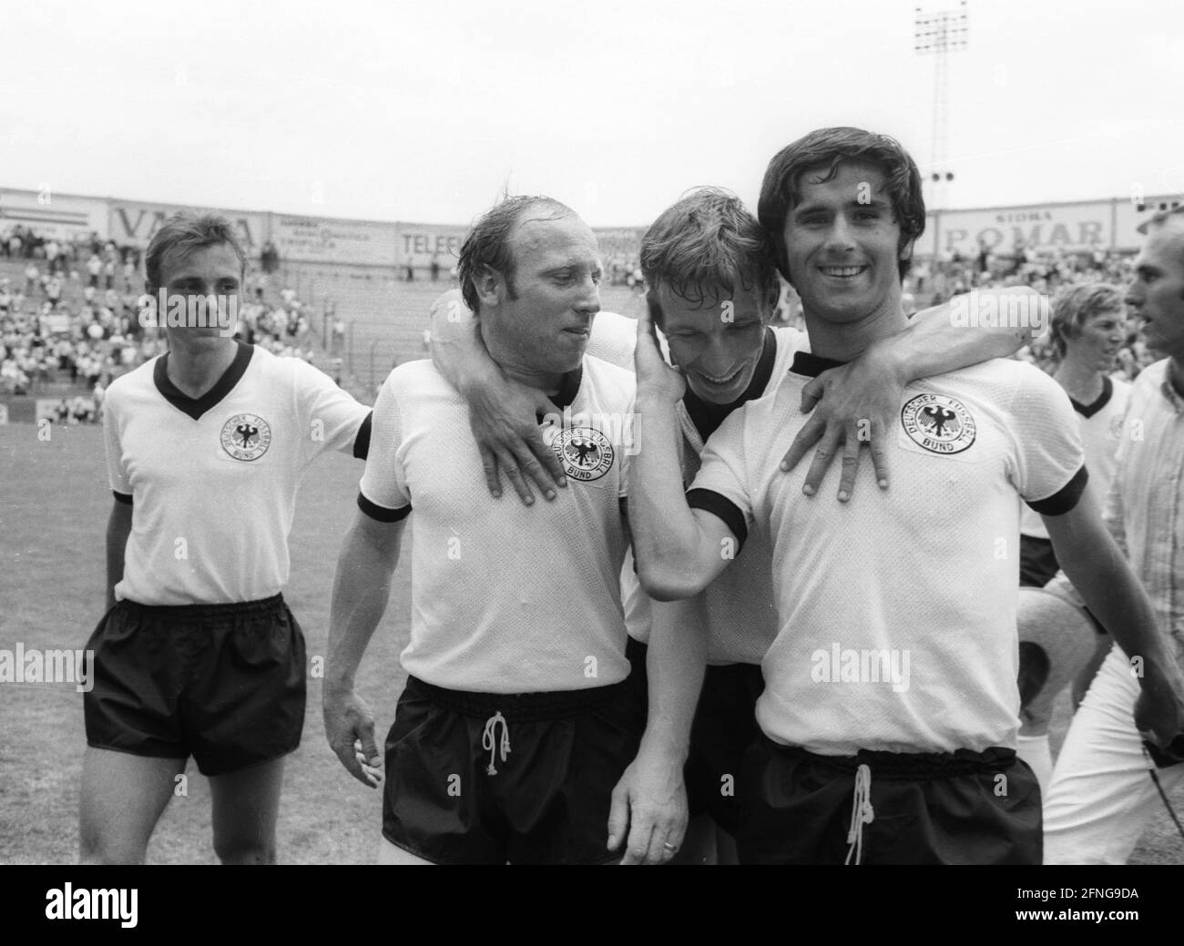 'World Cup 1970 in Mexico: Germany - Bulgaria / 5:2 / 07.06.1970. Jubilation of the German players after the final whistle. From left: Reinhard ''Stan'' Libuda, Uwe Seeler, Horst-Dieter Höttges and Gerd Müller. [automated translation]' Stock Photo
