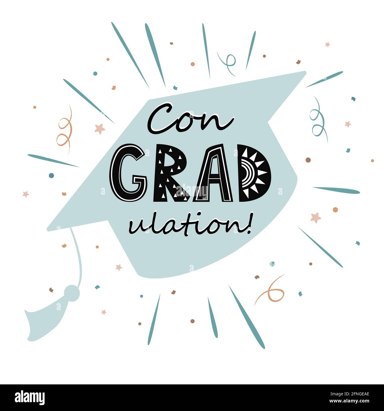 Congratulations on graduation, graduate cap with congradulation lettering in Scandinavian style. Greeting card for graduation party Stock Vector
