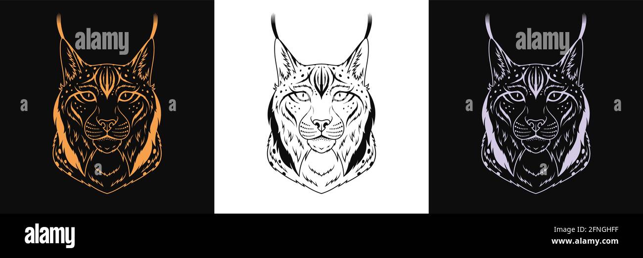 Gold, black and silver lynx head, set of isolated outline lynx face. Predatory bobcat. Lynx silhouette, logo and mascot. Vector illustration Stock Vector