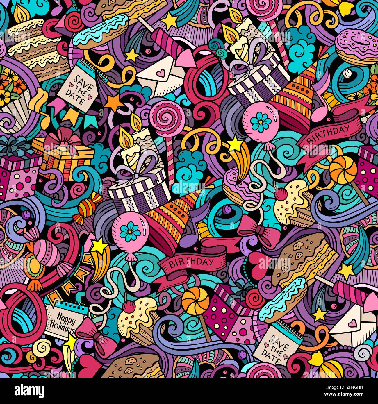 Happy Birthday hand drawn doodles seamless pattern Stock Vector Image ...