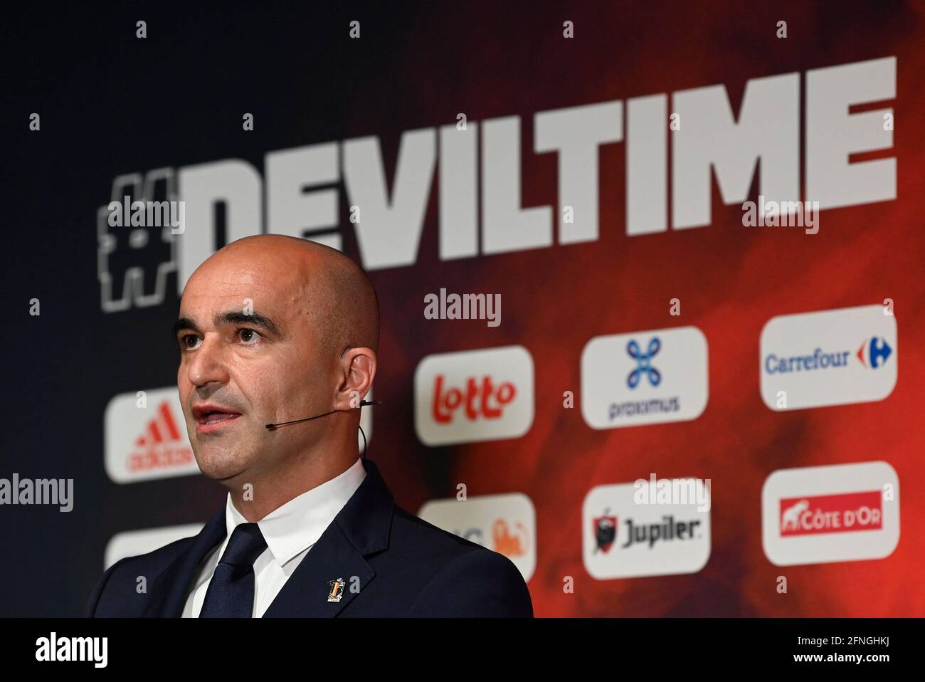 Belgium's head coach Roberto Martinez pictured at a press conference of Belgian national soccer team Red Devils to announce the first selection for th Stock Photo