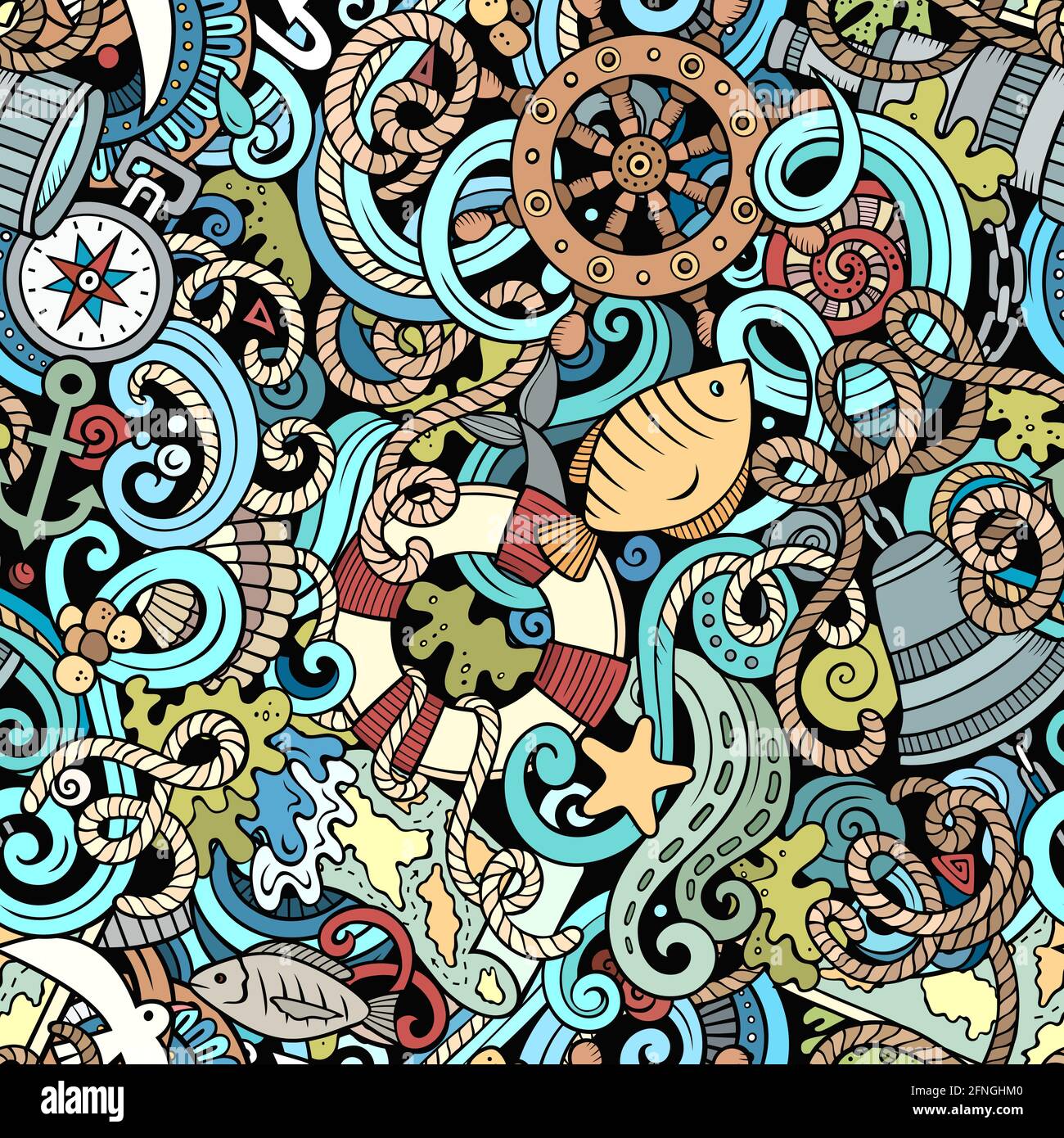 Cartoon doodles Nautical seamless pattern Stock Vector Image & Art - Alamy