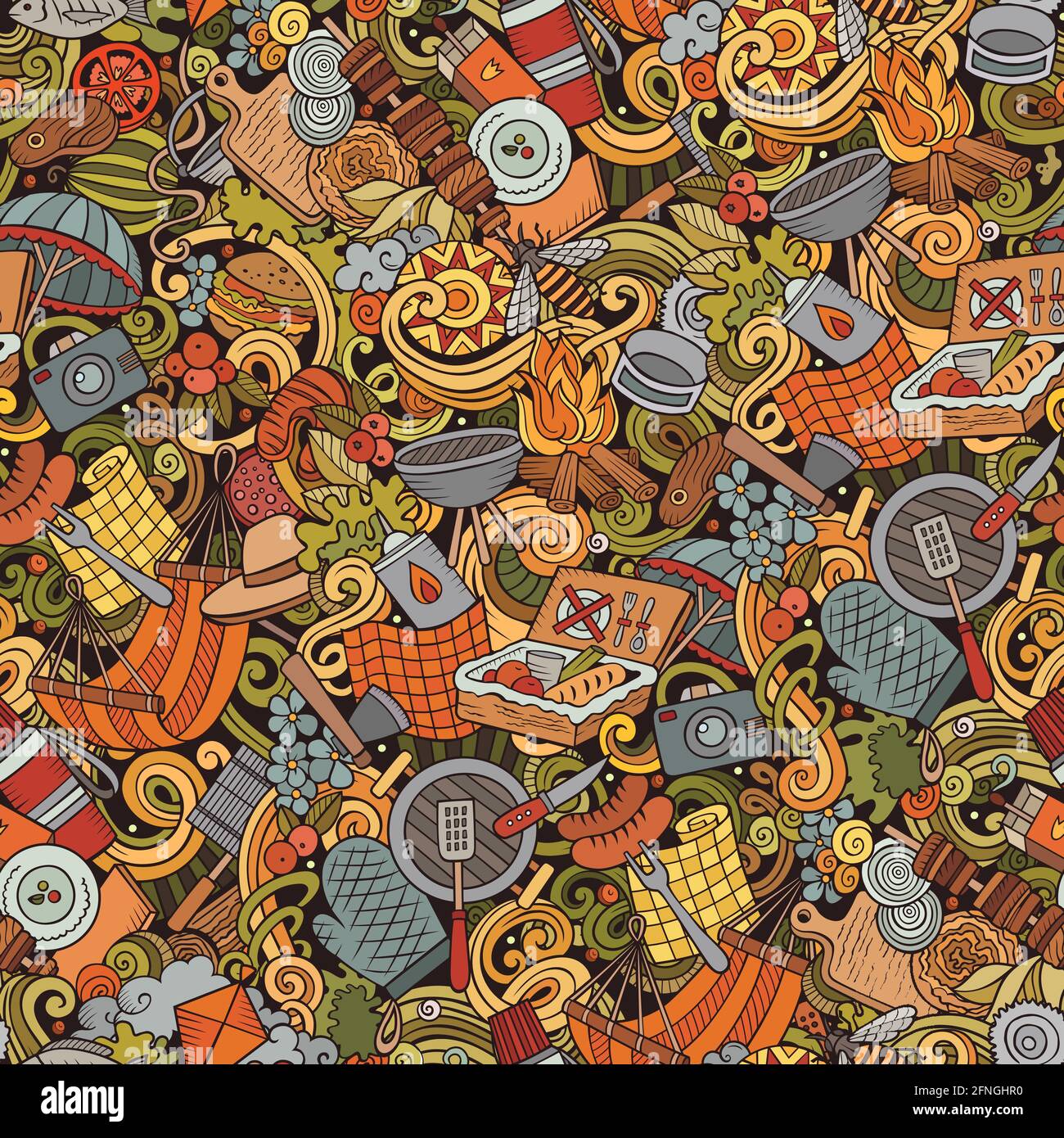 Picnic hand drawn doodles seamless pattern. BBQ background. Stock Vector