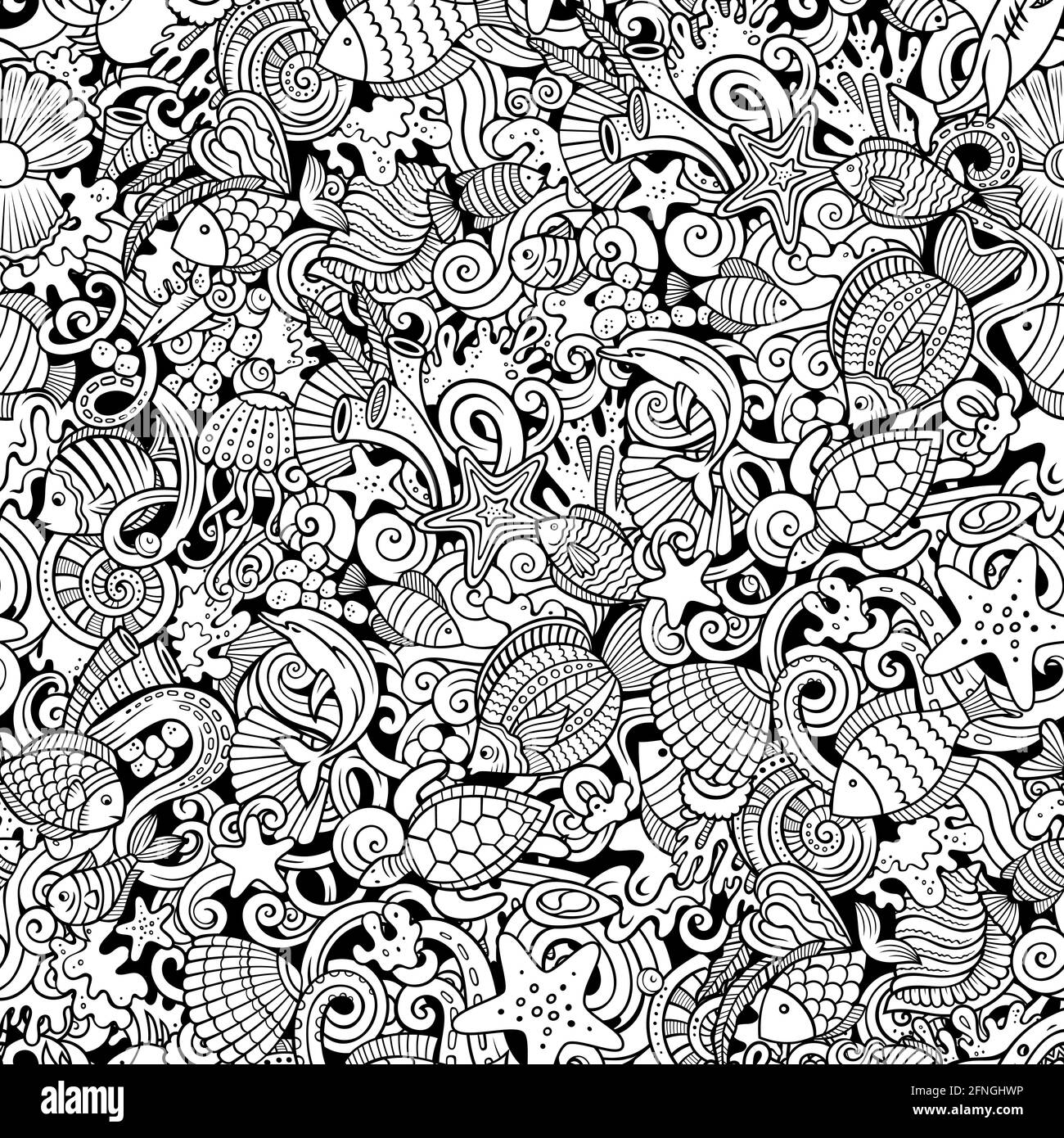 Cartoon doodles Sea Life seamless pattern. Stock Vector