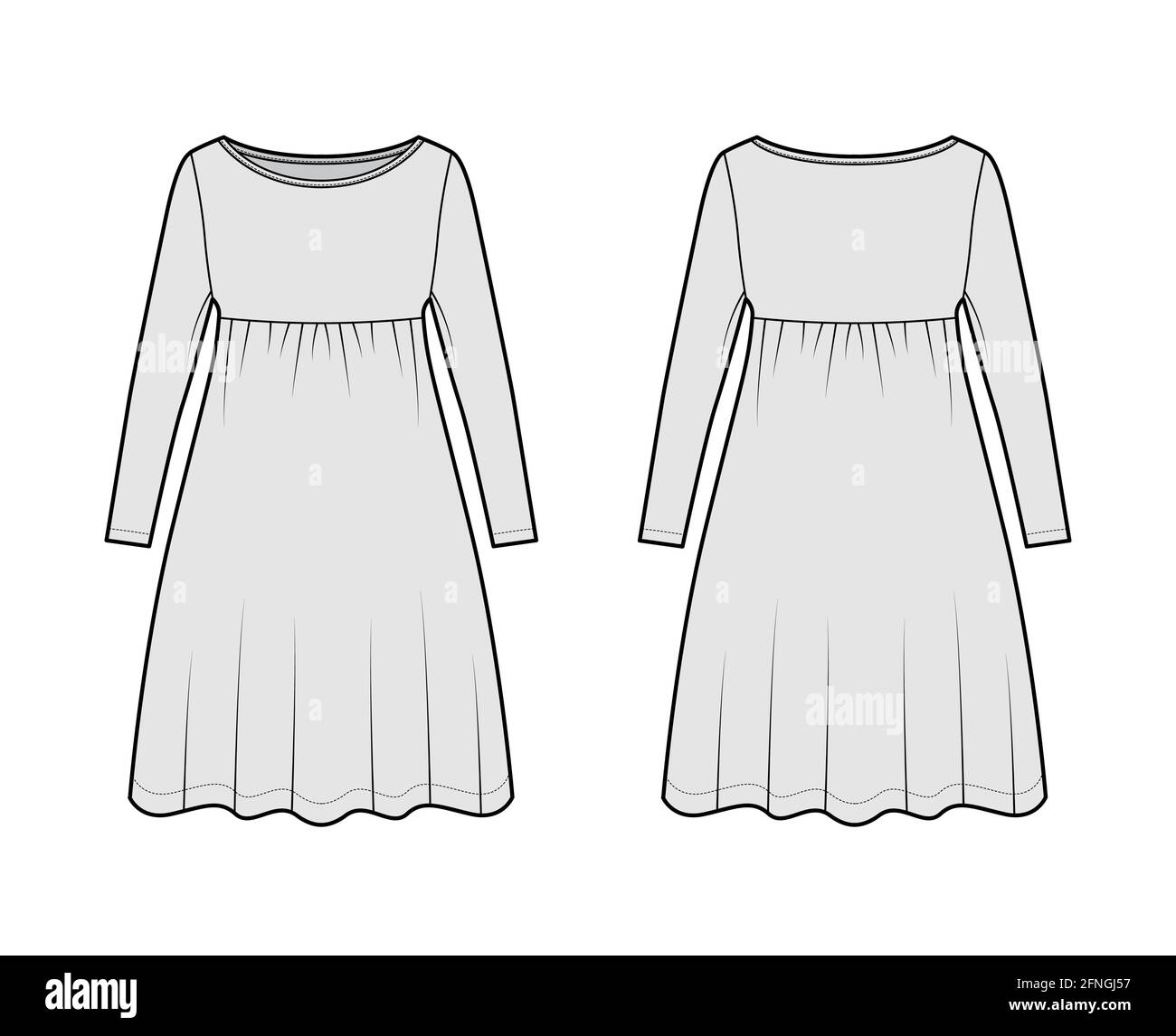 Dress babydoll technical fashion illustration with long sleeves, oversized body, knee length A-line skirt, boat neck. Flat apparel front, back, grey color style. Women, men unisex CAD mockup Stock Vector