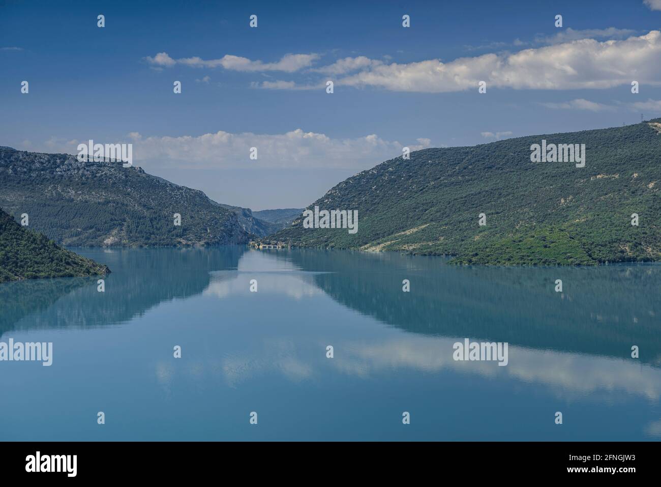 Canelles reservoir seen from the hermitage of San Marcos de Finestres (Aragon Spain, Pyrenees) ESP: Embalse de Canelles Stock Photo