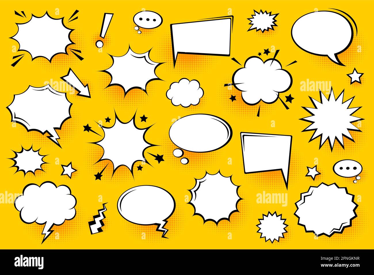 Blank comic speech bubbles with halftone shadows on yellow background ...