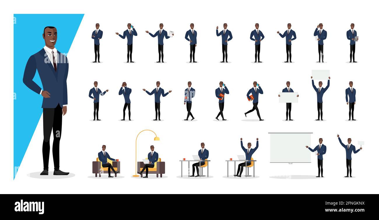 Successful black colored businessman in blue suit showing gestures and emotions in different pose set. Office african american business man character. Male person standing, sitting, walking collection Stock Vector