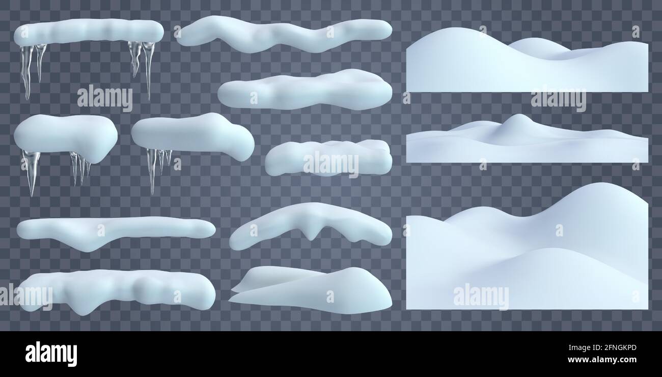 Realistic snow caps. Snowdrift with frozen icicles and snow borders ...