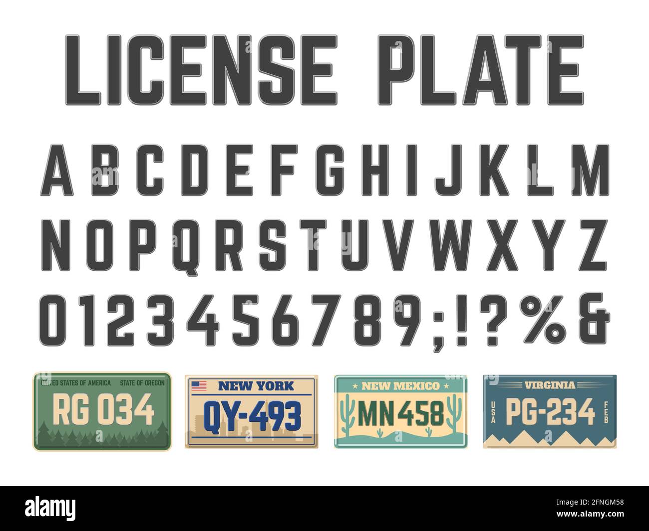 Car license plates alphabet. Vehicle registration signs latin alphabet, license plates numbers and letters vector illustration set. Automobile license Stock Vector