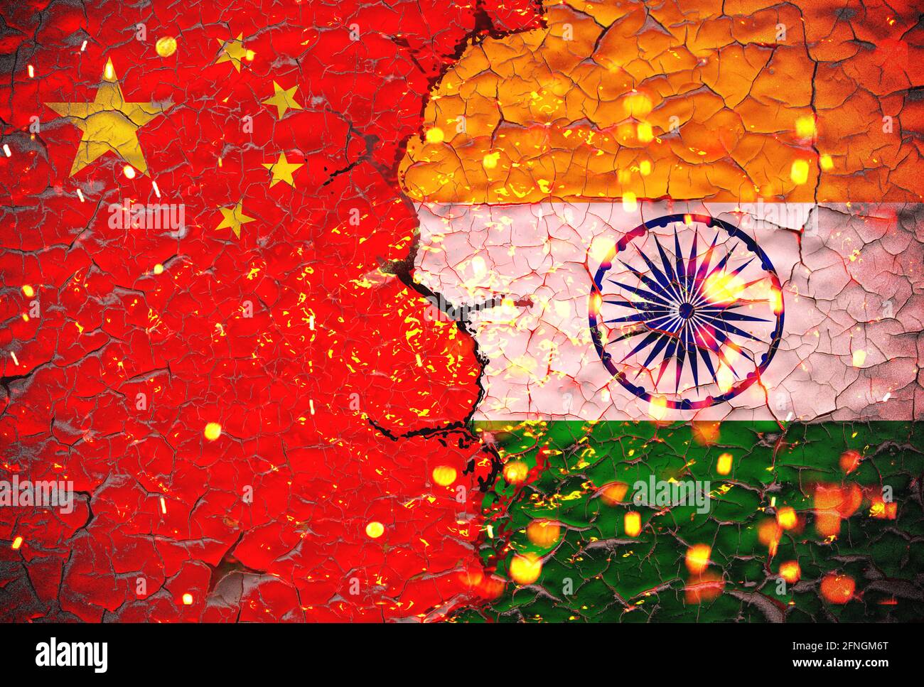 Grunge India VS China national flags icon pattern isolated on broken cracked wall background, abstract international political relationship friendship Stock Photo
