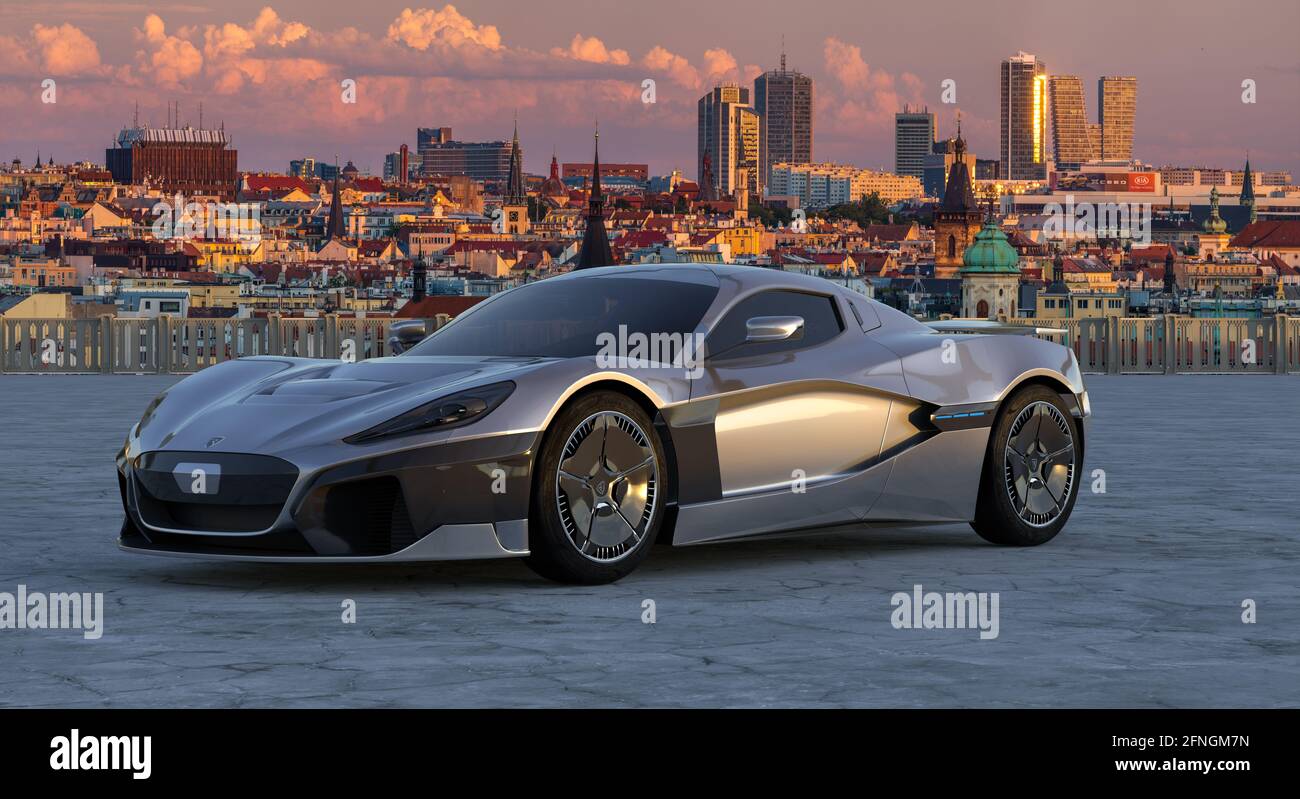 electric Rimac C 2 car from a Croatian manufacture illuminated by the light  of port cranes Stock Photo - Alamy