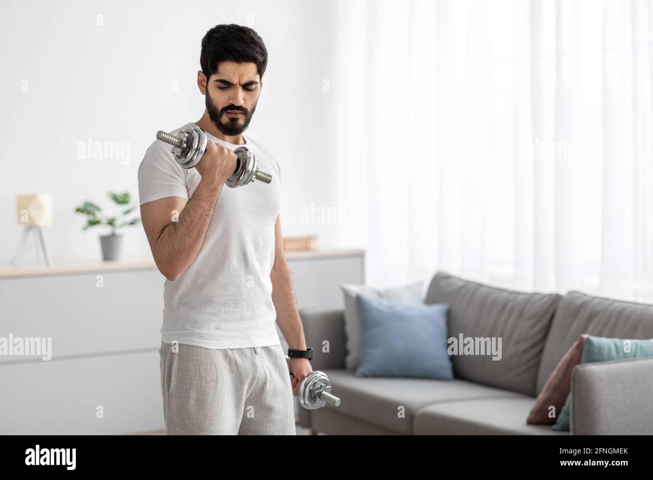 Be safe at home, exercise for muscles, new normal and workout during lockdown Stock Photo