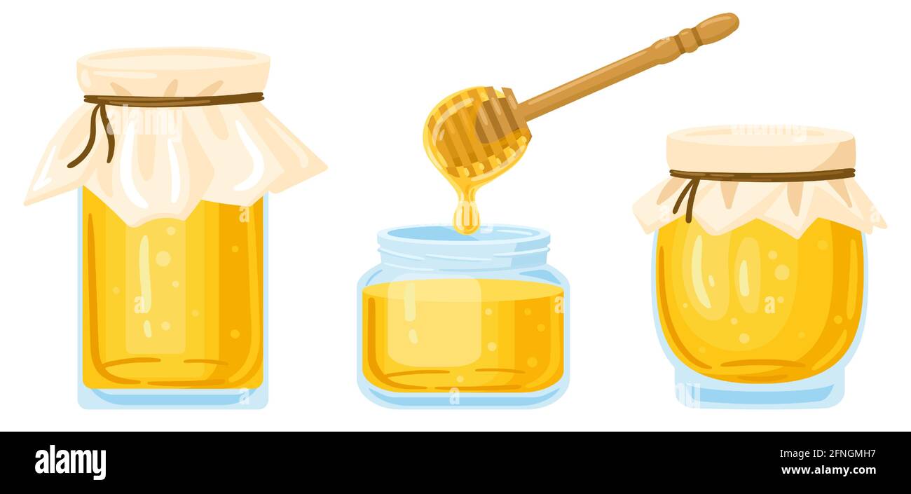 Cartoon honey jars. Glass pots and wooden spoon with dripping liquid