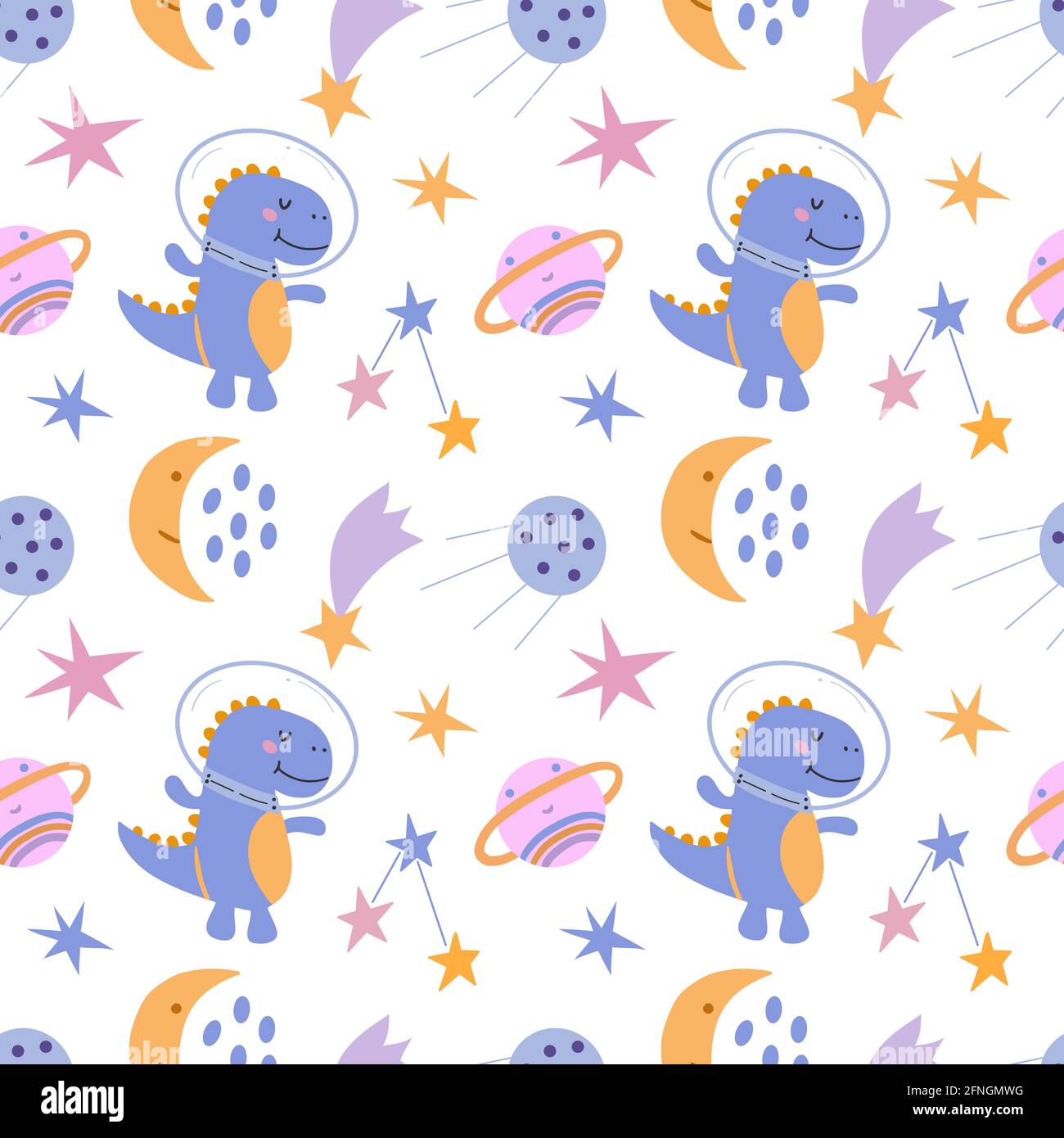 Seamless pattern with cute dinosaur in cosmos. White background, vector graphics. For wrapping paper, textiles, childrens clothing, cover prints, mugs Stock Vector