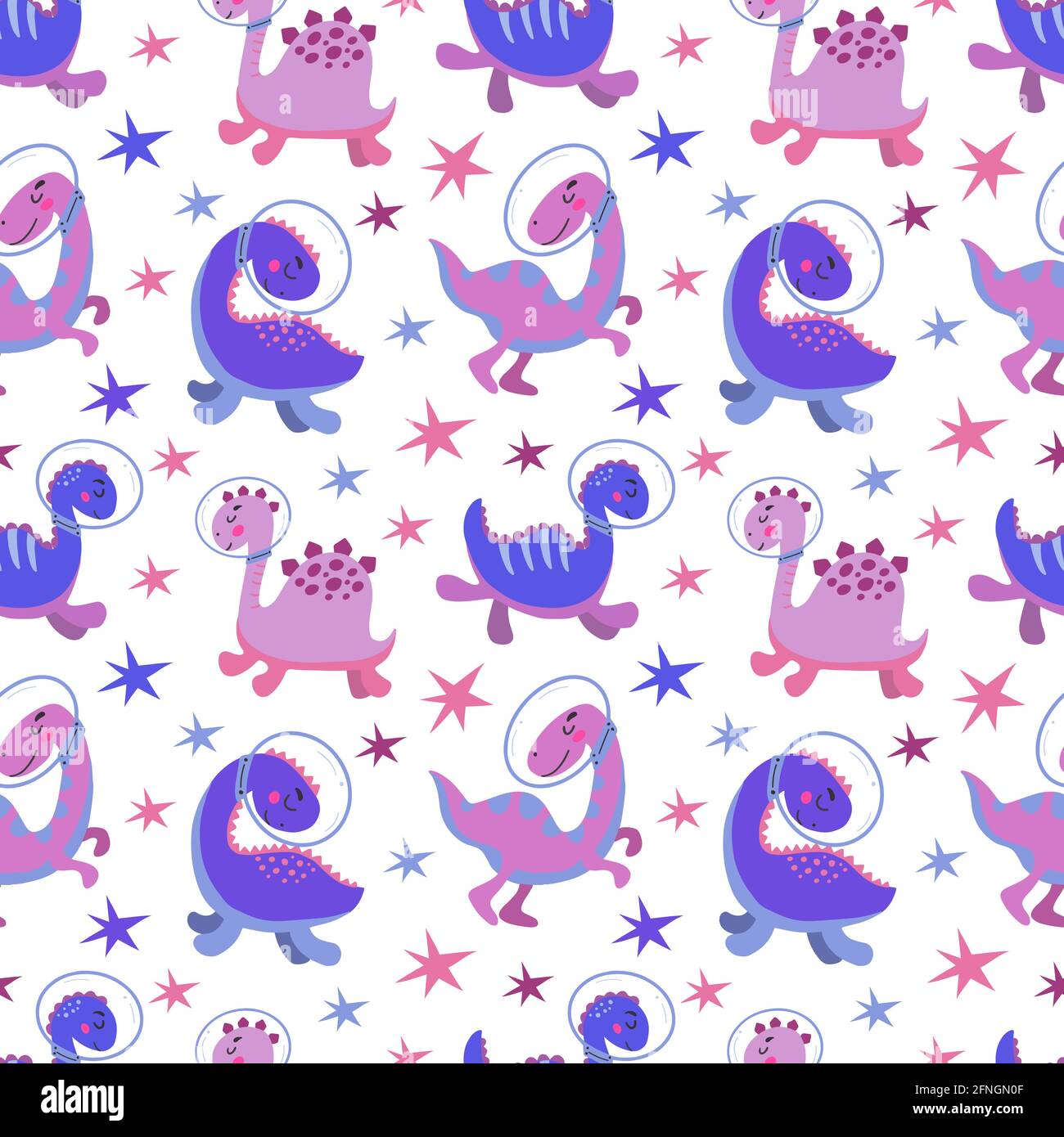 Seamless pattern with cute dinosaurs in cosmos. White background, vector graphics. For wrapping paper, textiles, childrens clothing, cover prints Stock Vector