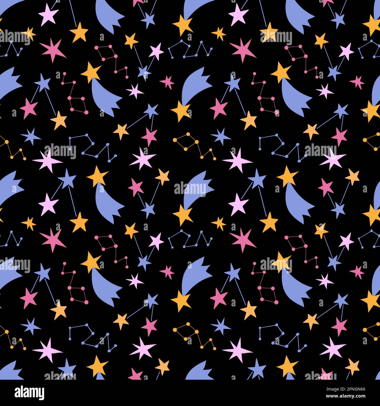Seamless pattern with cute colorful stars. Black background, vector graphics. For wrapping paper, textiles, childrens clothing, cover prints, mugs Stock Vector