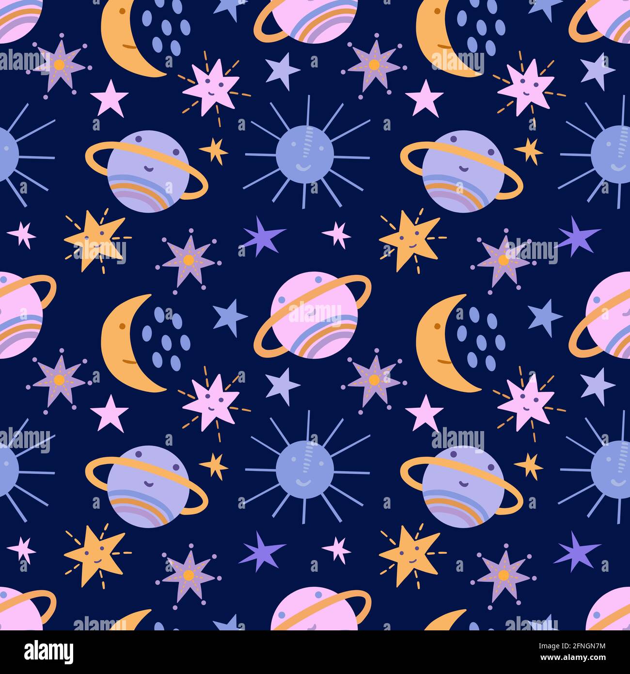 Seamless pattern with cute colorful space objects. Blue background, vector graphics. For wrapping paper, textiles, childrens clothing, cover prints Stock Vector