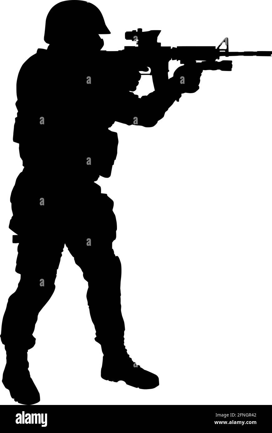 Police special forces, counter terrorist team shooter in helmet standing and aiming with collimator sight on service rifle side view, full length, black vector silhouette isolated on white background Stock Vector