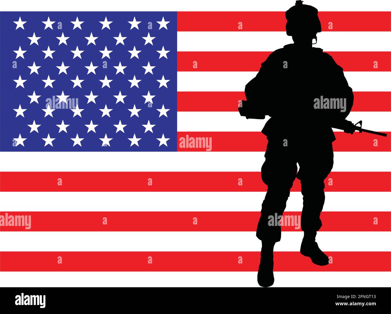Vector illustration of an american soldier in front of the USA flag ...