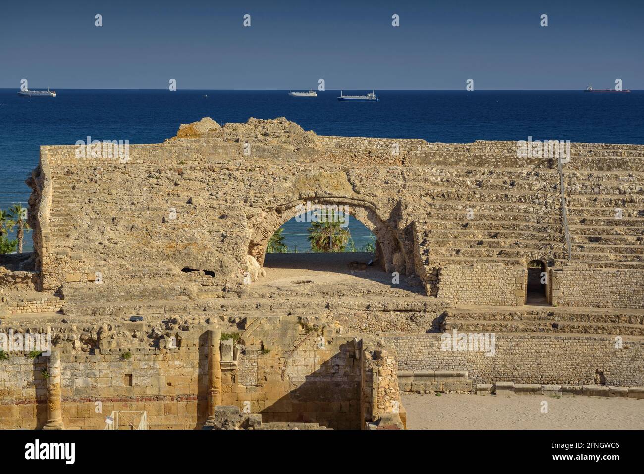 Tarragona city. Roman amphitheater, UNESCO heritage (Catalonia, Spain) ESP: Ciudad de Tarragona. Anfiteatro romano , patrimonio de la UNESCO, Cataluña Stock Photo