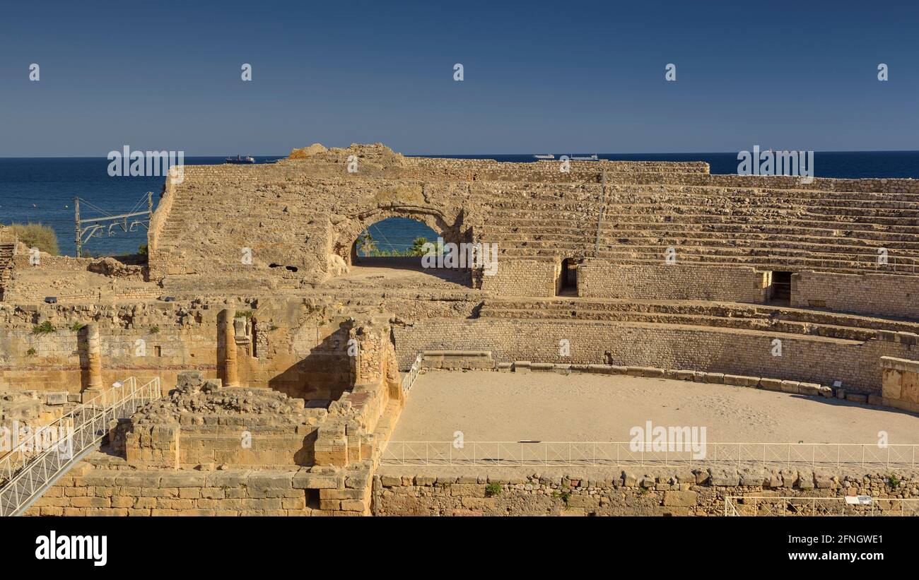Tarragona city. Roman amphitheater, UNESCO heritage (Catalonia, Spain) ESP: Ciudad de Tarragona. Anfiteatro romano , patrimonio de la UNESCO, Cataluña Stock Photo