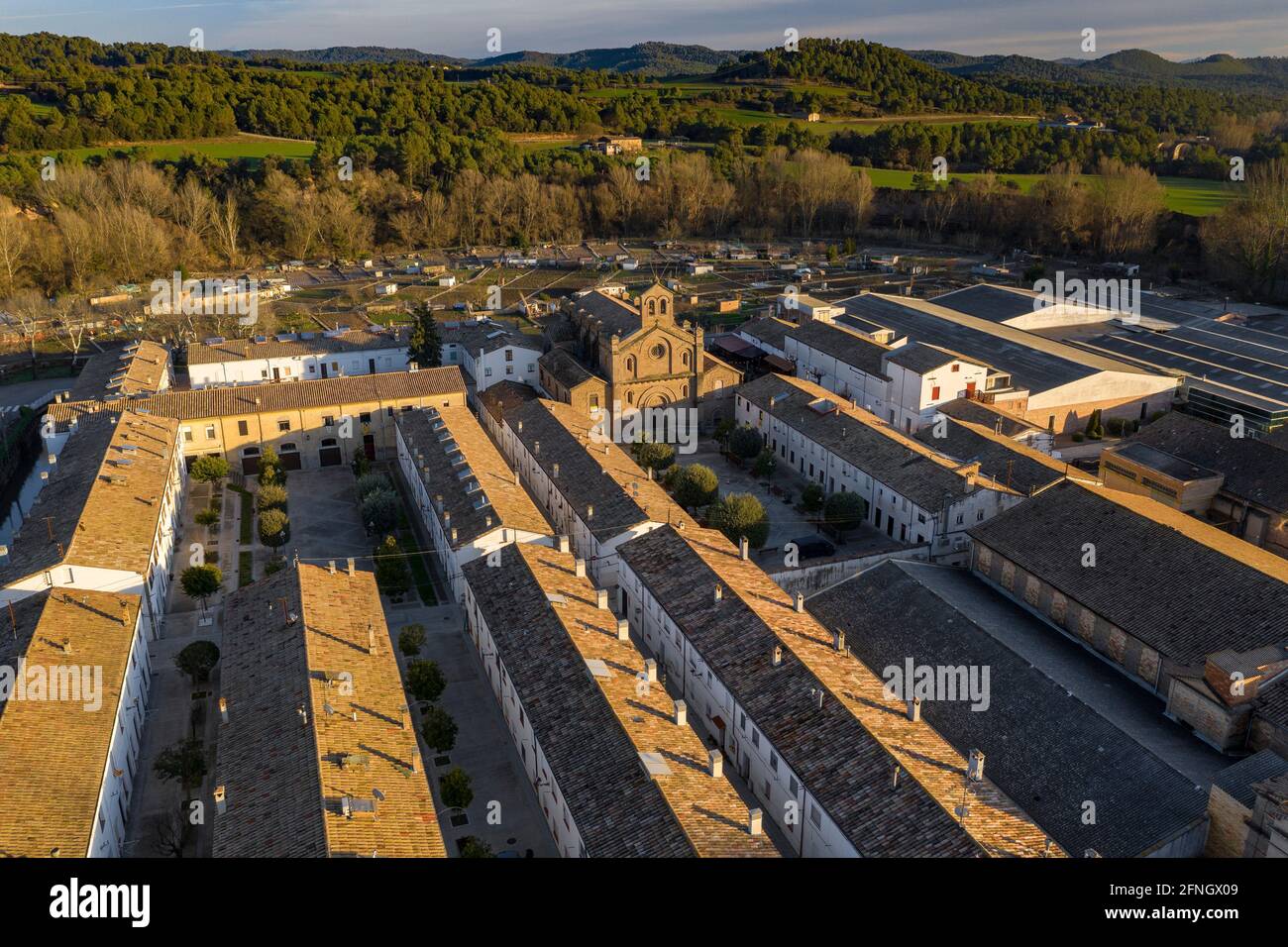 Aerial view of the village of L'Ametlla de Merola and the surrounding fields and orchards (Berguedà, Barcelona, Catalonia, Spain) Stock Photo