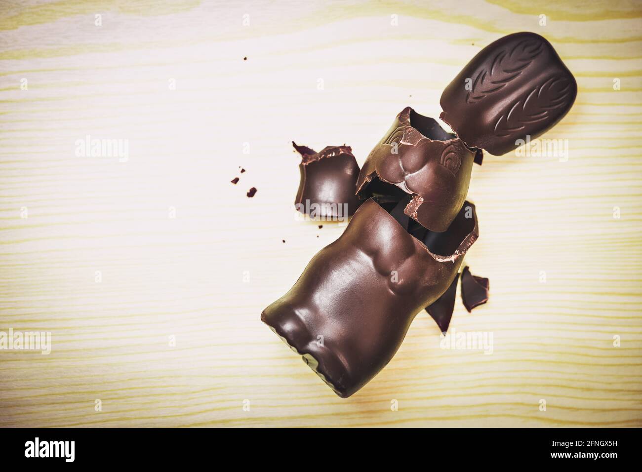 Broken Chocolate Easter Bunny On A Table Stock Photo