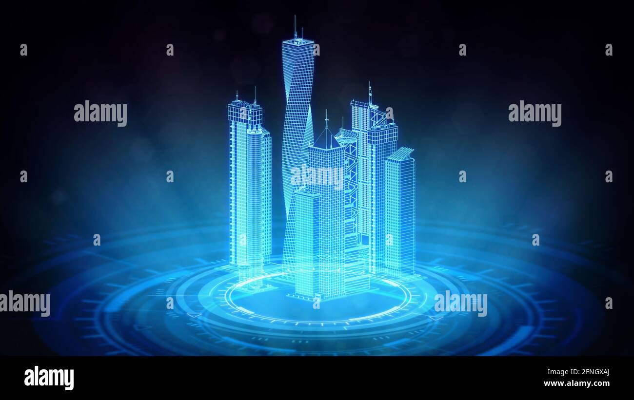 cg 3d illustration of industry, wireframe urban buildings rendered ...