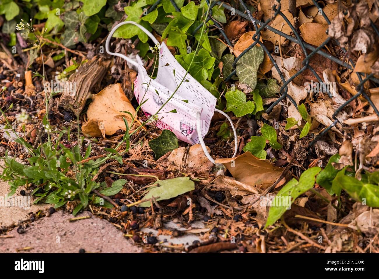 A pink surgical mask for children pollutes the natural environment around us Stock Photo
