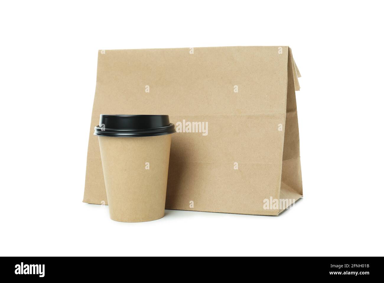 Paper cup and paper bag isolated on white background Stock Photo - Alamy
