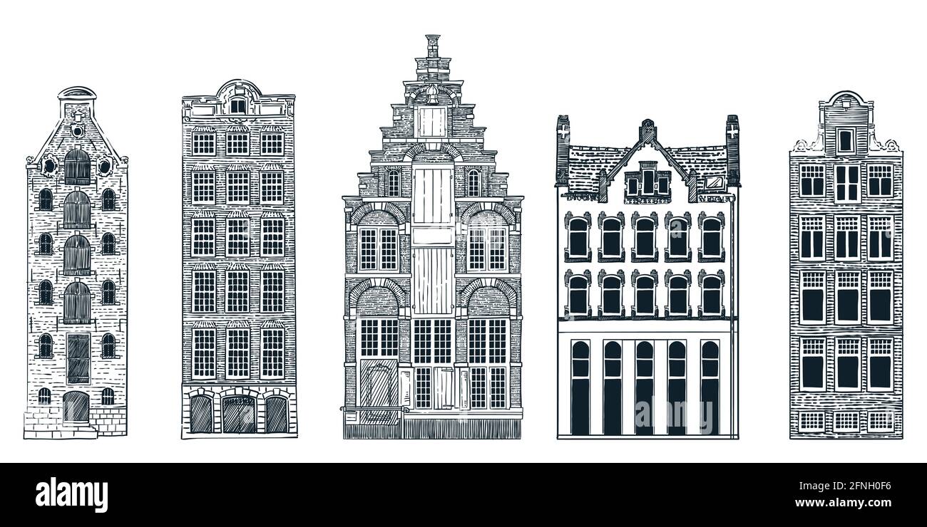 Amsterdam old city buildings isolated on white background. Vector doodle sketch illustration. Travel to Netherlands hand drawn design elements Stock Vector