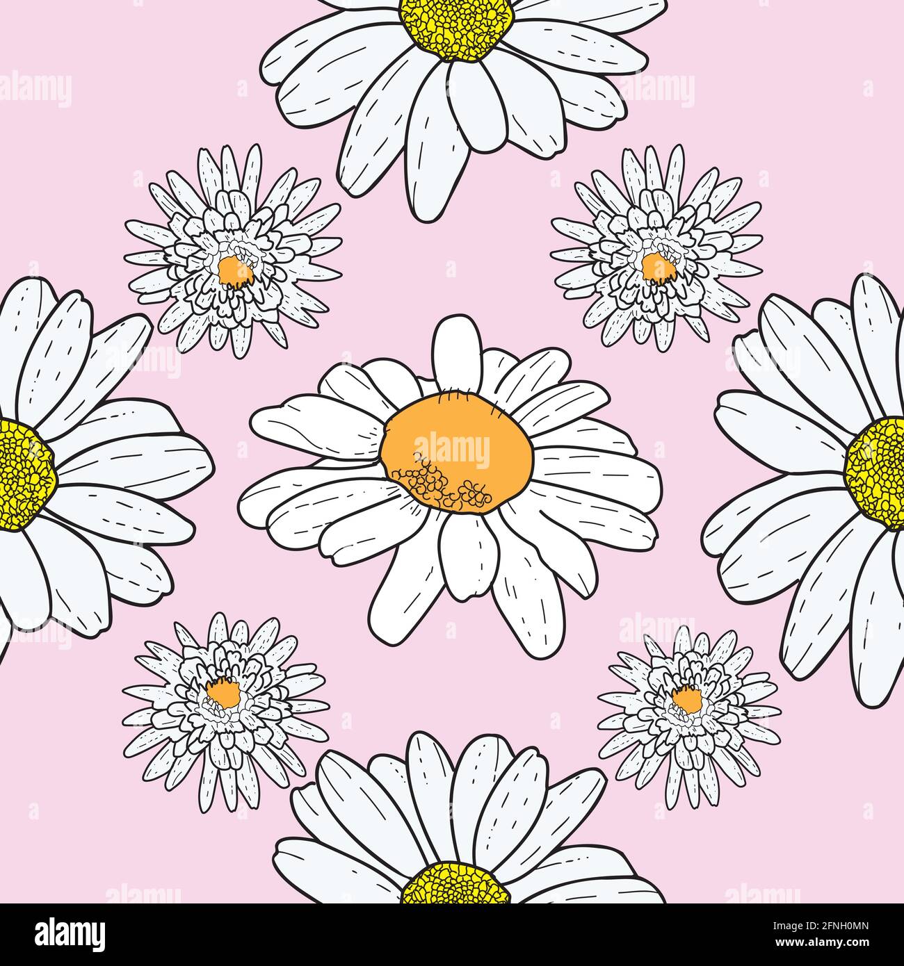 Vector pink background daisy flowers and wild flowers. Seamless pattern ...