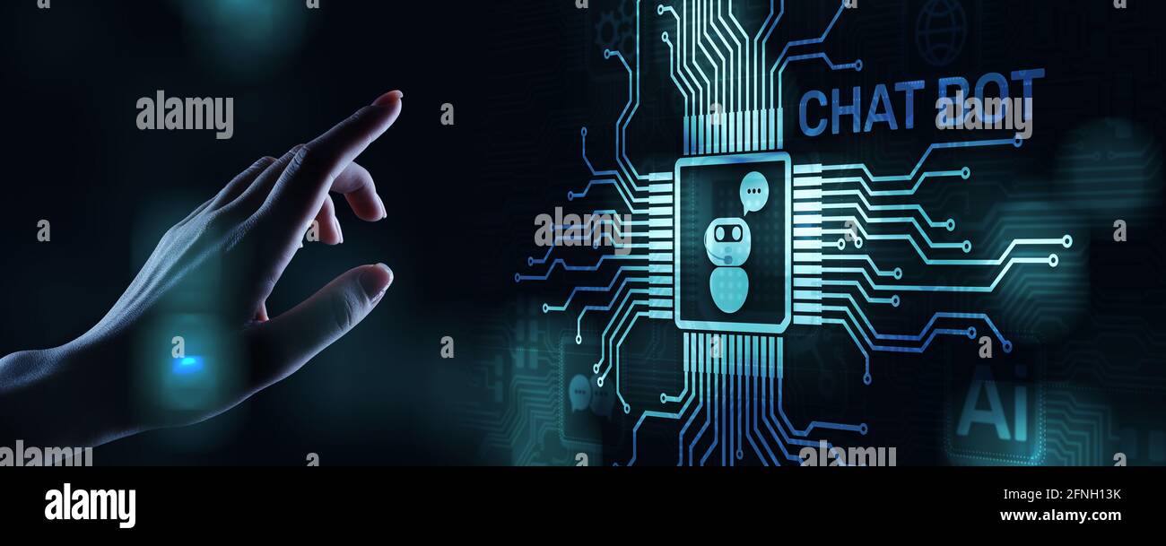 Chatbot computer program designed for conversation with human users over the Internet. Support and customer service automation technology concept. Stock Photo