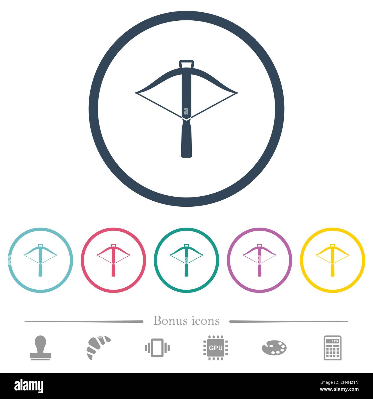 Crossbow flat color icons in round outlines. 6 bonus icons included ...