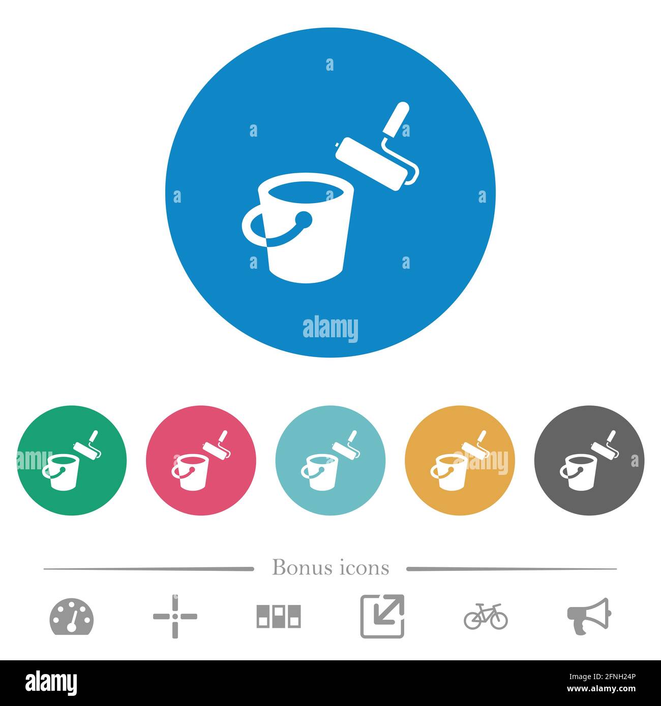 Paint bucket and paint roller flat white icons on round color ...