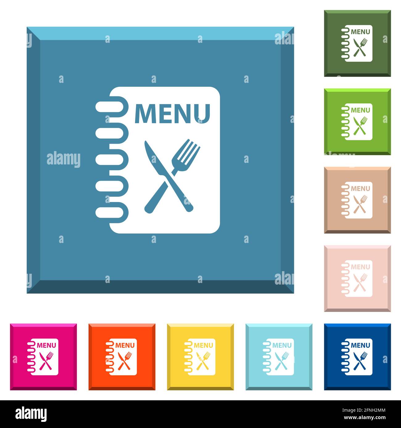 Menu with fork and knife white icons on edged square buttons in various ...