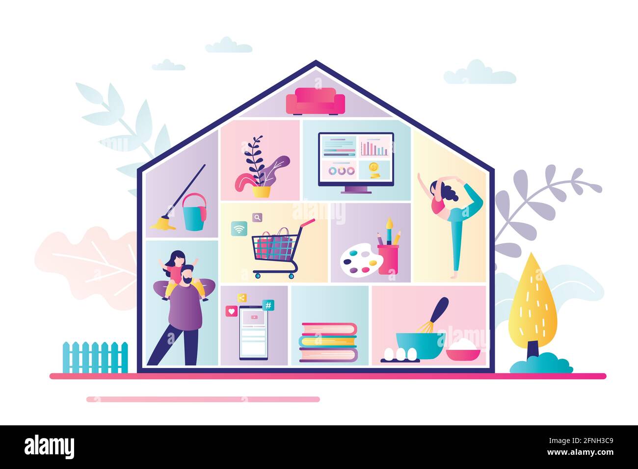 https://c8.alamy.com/comp/2FNH3C9/home-activities-entertainments-and-works-family-at-home-house-silhouette-with-rooms-people-and-household-items-self-isolation-or-quarantinetrend-2FNH3C9.jpg