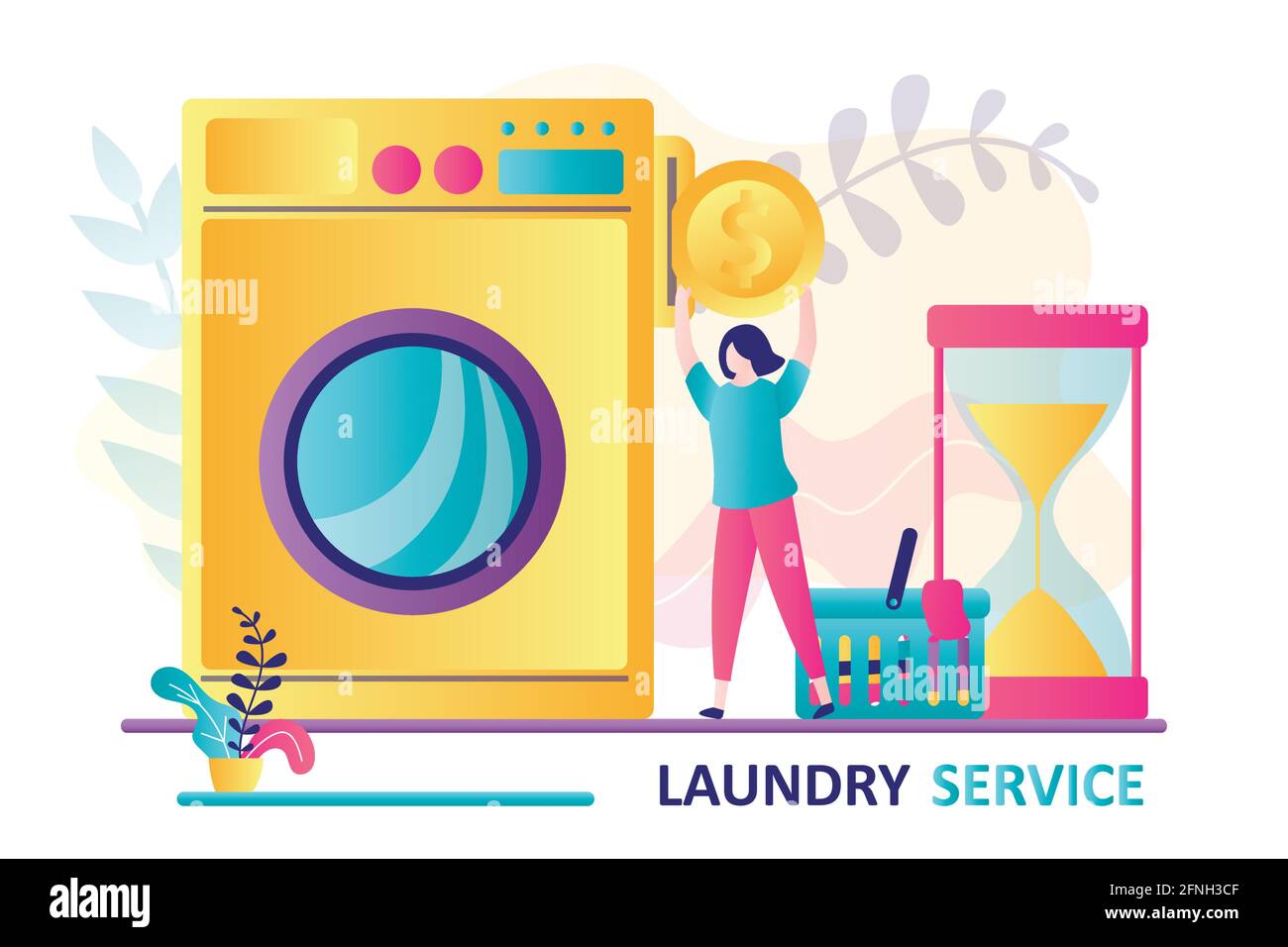 Beautiful woman wash clothes in laundry service. Female character holds big coin for payment. Dirty clothes in laundry basket. Large washing machine, Stock Vector