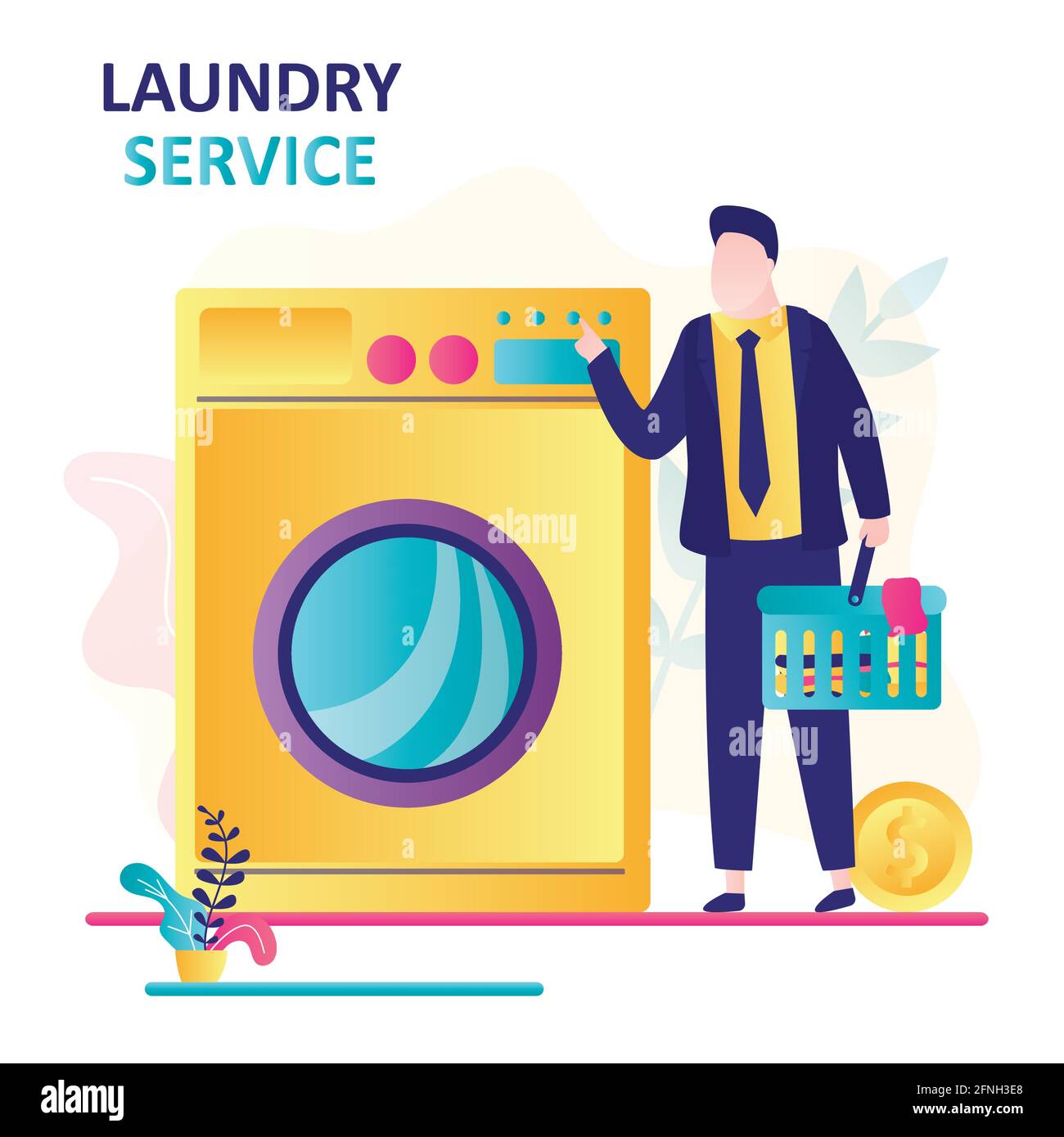 Businessman came to wash clothes in laundry service. Male character holds basket with dirty clothes. Handsome man stands with large washing machine. S Stock Vector